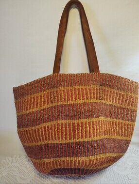 Vintage Woven Sisal Market Tote Bucket Bag Leather Straps Round Striped Boho
